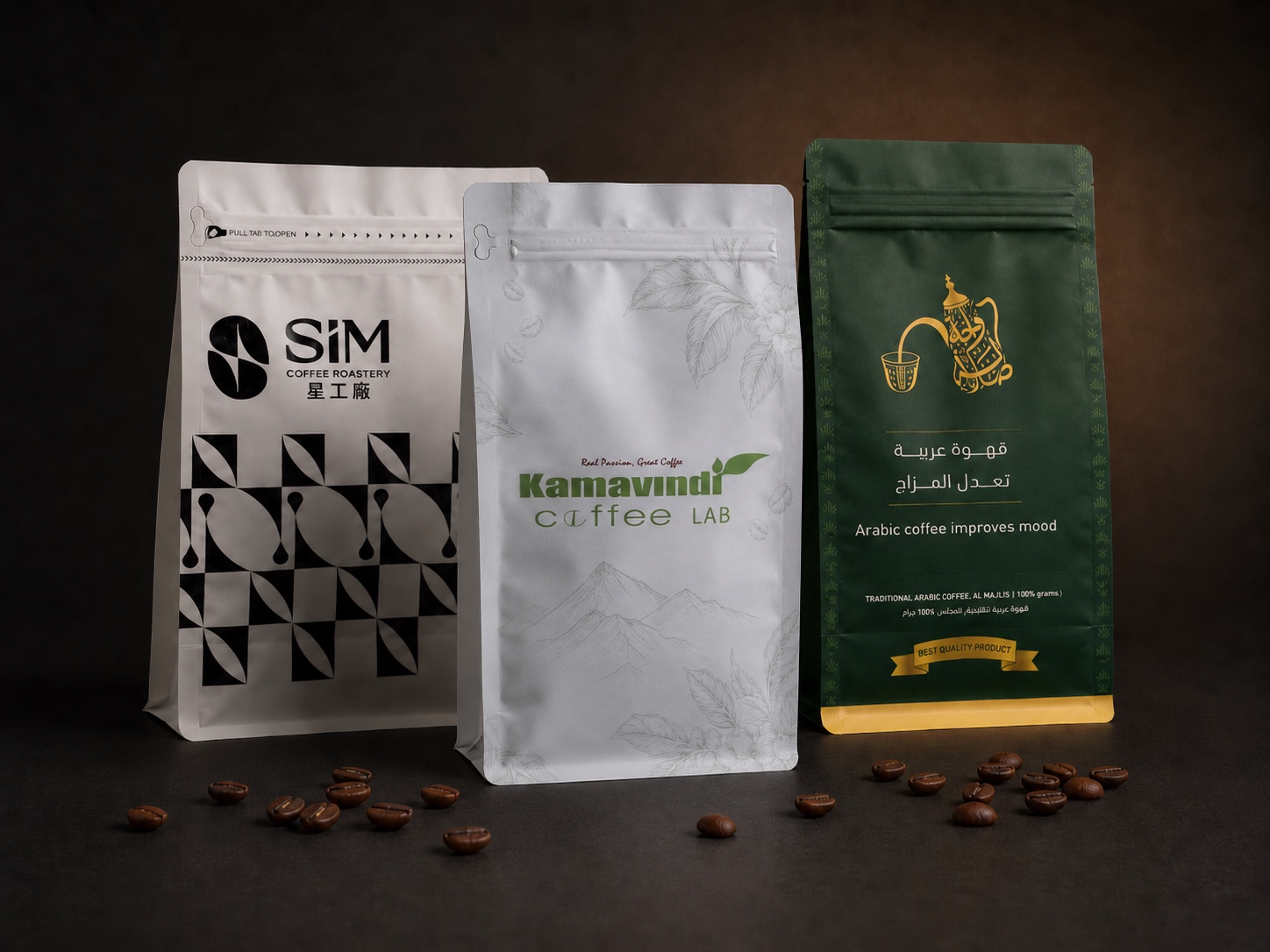 Custom coffee packaging bags produced by PackFortune