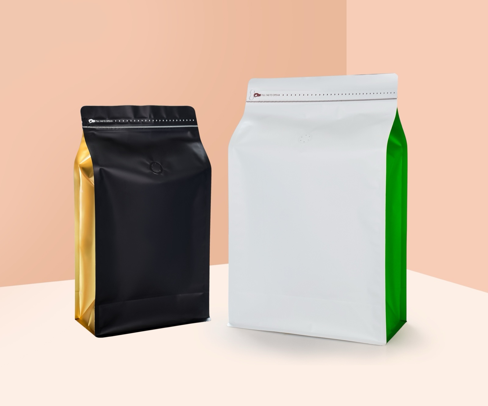 Black and white flat-bottom coffee bags